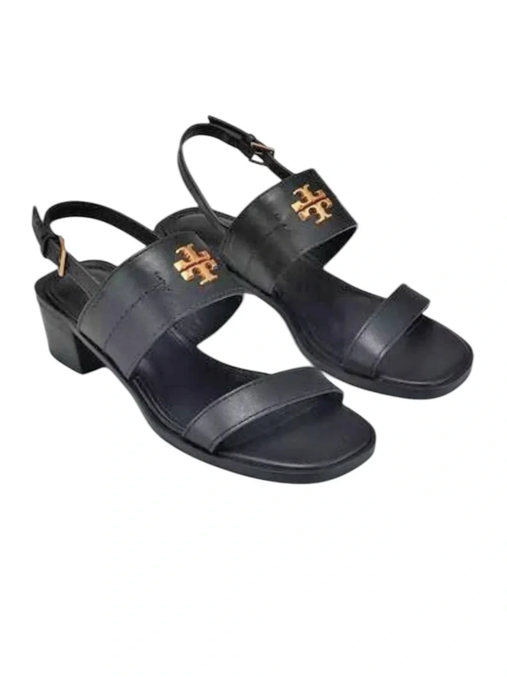 NEW Tory Burch Black Leather Everly Logo Slide Heel Sandals retail $295